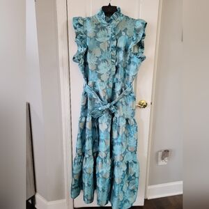 NWT Abbey Glass Sleeveless Sadie Maxi Dress Aqua Floral Silhouette Jacquard XXL